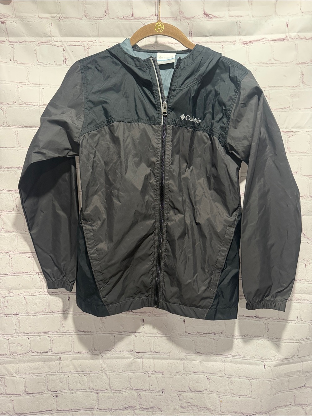 Columbia Kids Black and Gray Hooded Rain Jacket Girls Size Medium 10-12